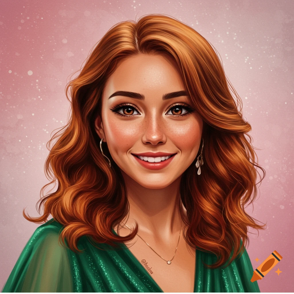 Young woman with red hair and freckles, smiling in a green dress.