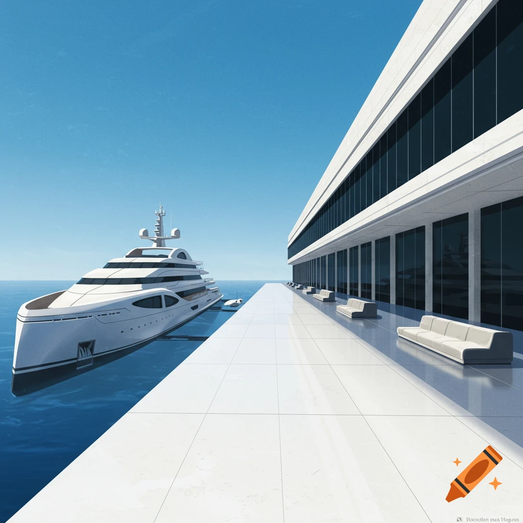A white luxury yacht docked next to a modern building with dark windows on a sunny day.