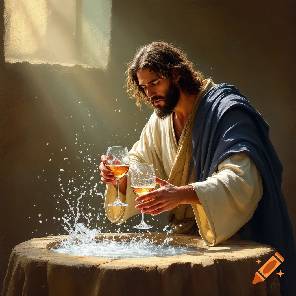 Jesus holding two glasses while water splashes and turns into wine in a stone basin