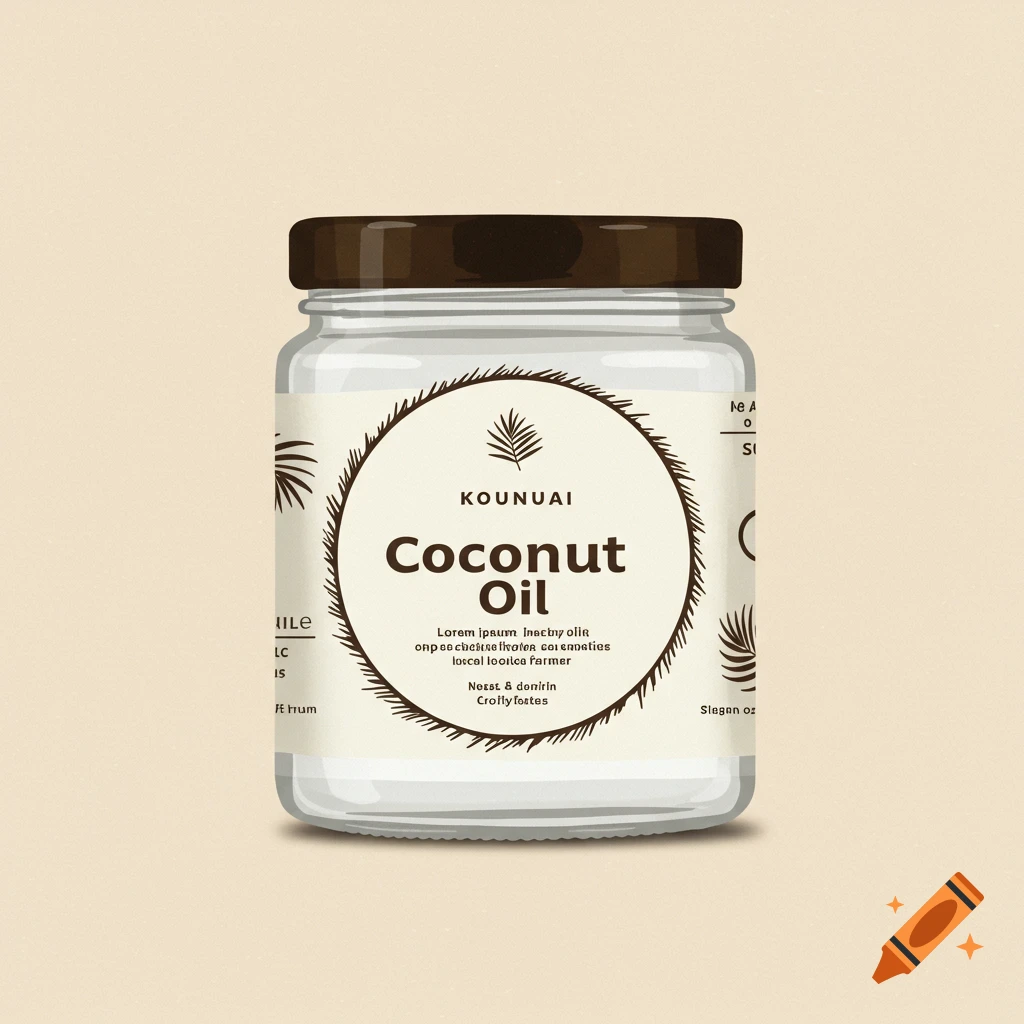 A jar of coconut oil with a minimalist label on a light background.