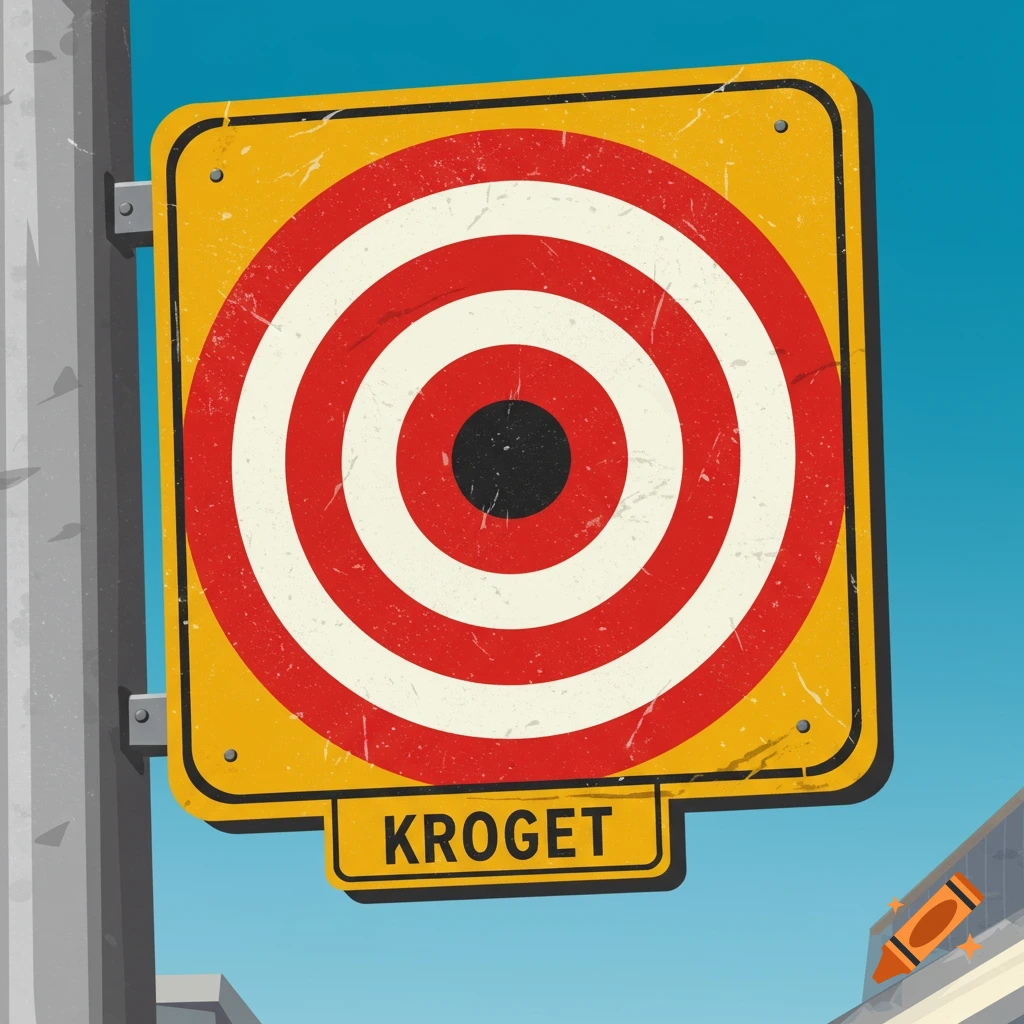 A vector graphic of a target sign with the word KROGET