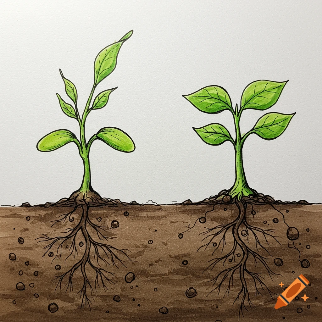 Sketch illustration of two young plants with roots visible in the soil.