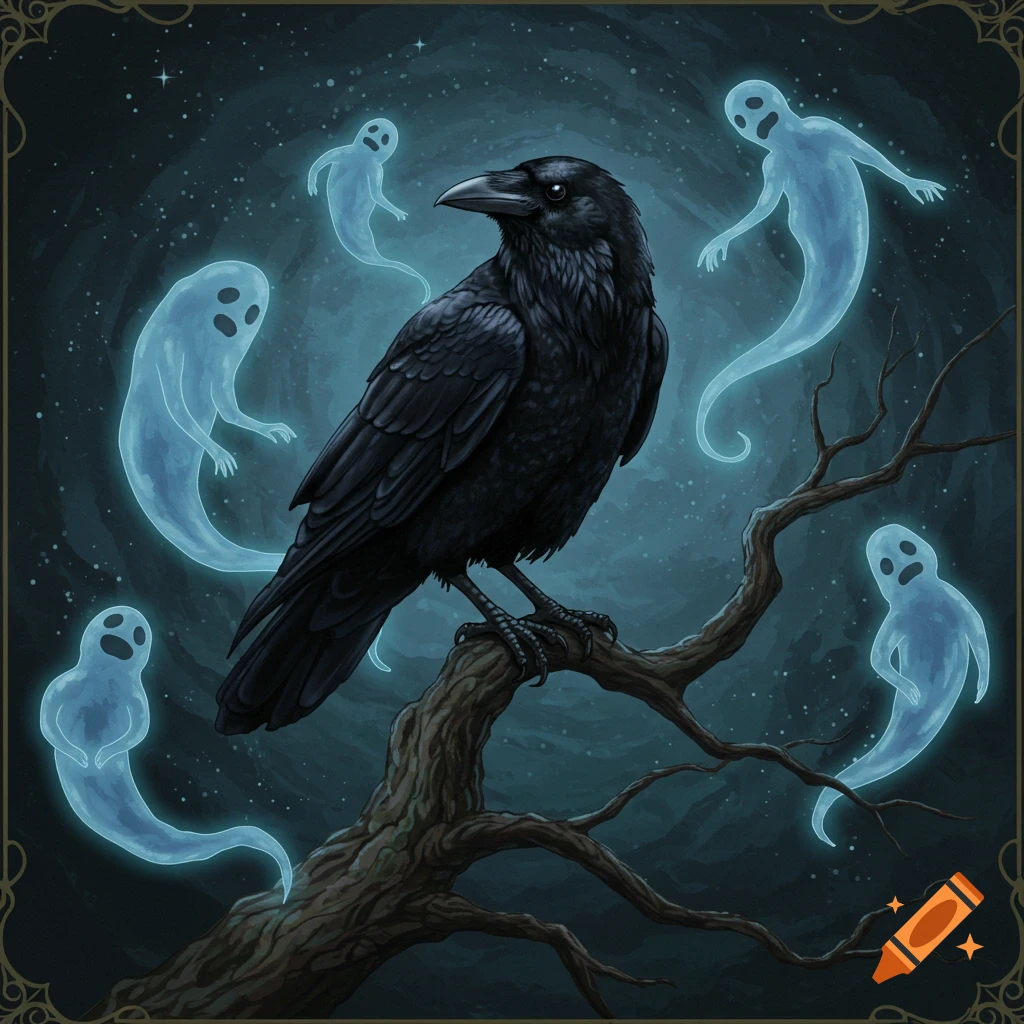 A black crow is perched on a branch, surrounded by glowing blue figures under a starry night sky.