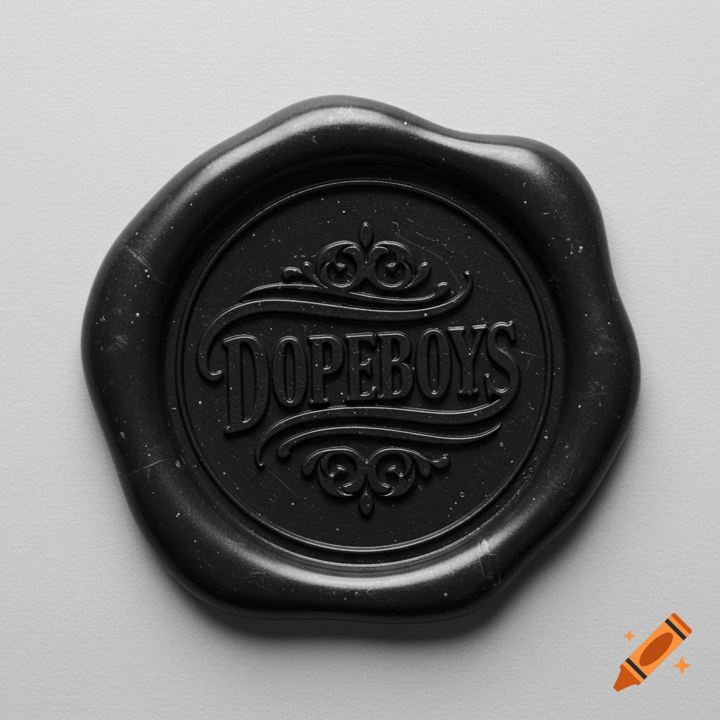 A black wax seal with the word DOPEBOYS and ornamental designs.
