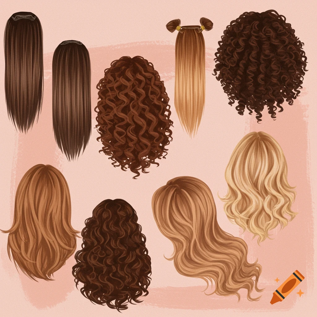 Various hair extensions and wigs in different styles and colors.