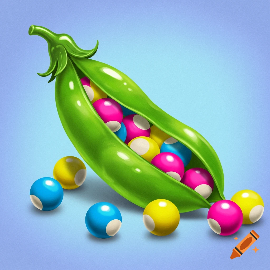 A pea pod bursting with a vibrant assortment of colorful spheres