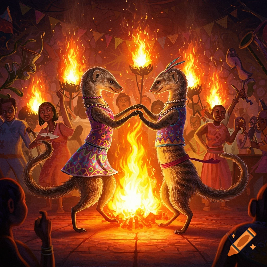 Two anthropomorphic mongooses dance around a bonfire at a party.