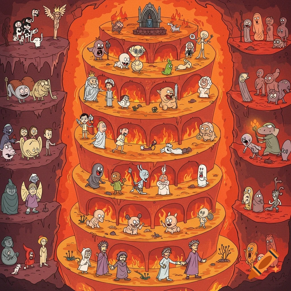 Cartoon depiction of Dante's Inferno, showing many small figures on different fiery levels.