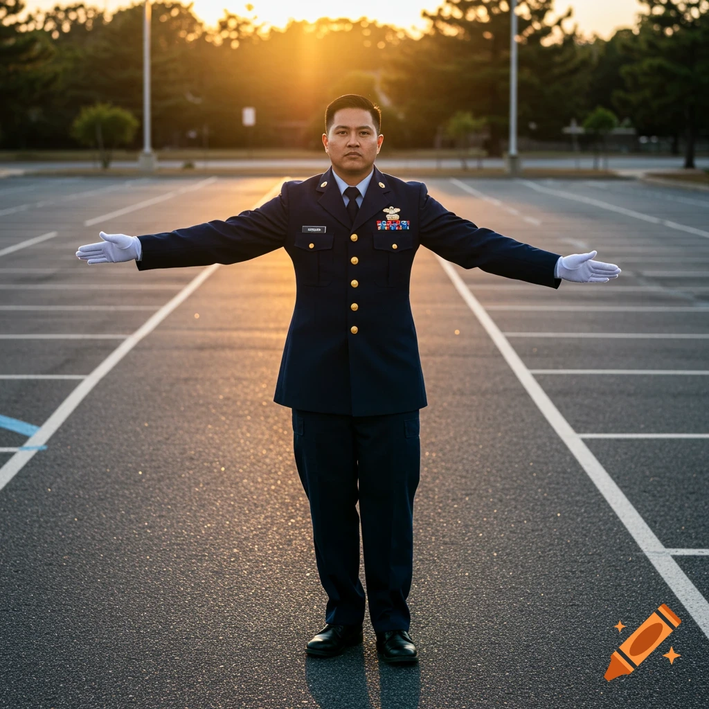 Person in uniform directing traffic in parking lot at sunset