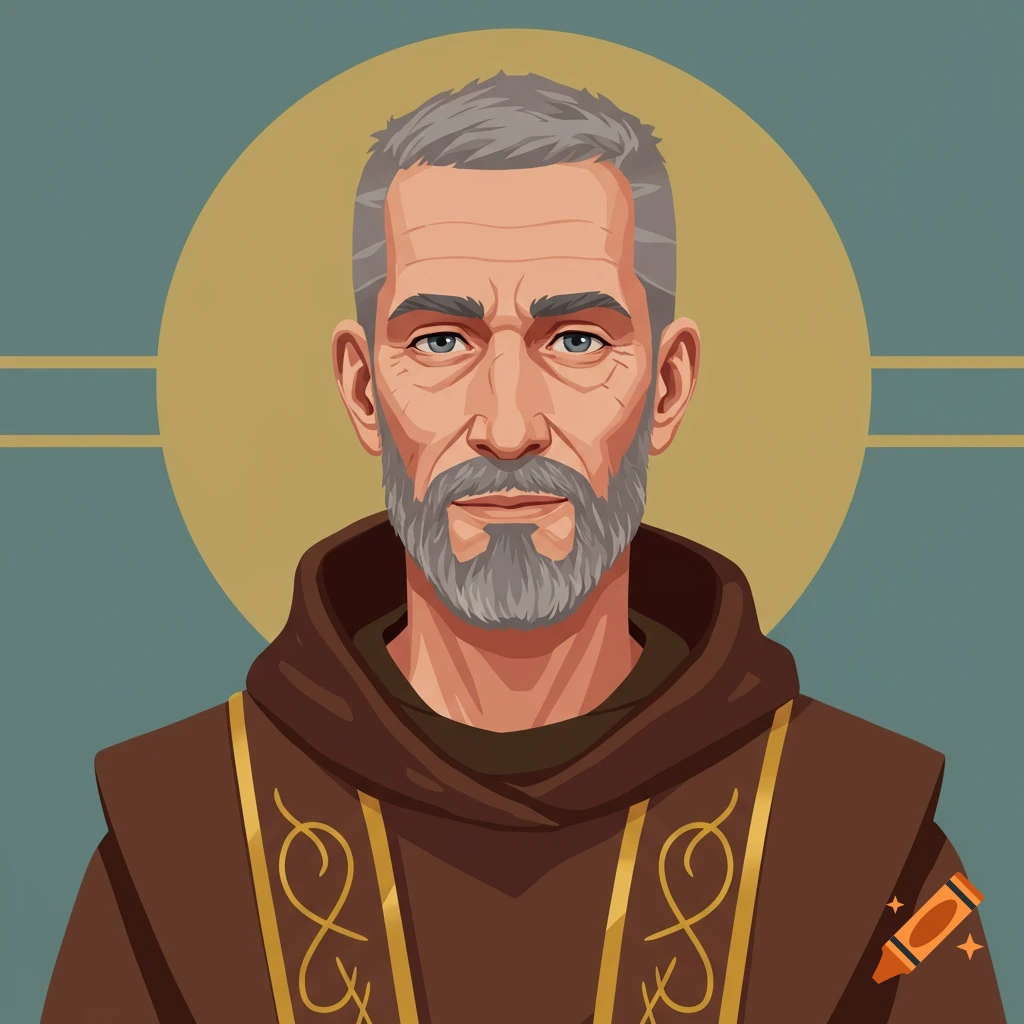 Vector portrait of an older man in a brown robe with gold trim and halo.