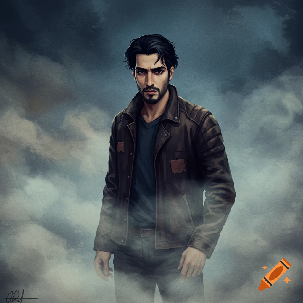 A man with dark hair and beard in a leather jacket, standing in mist.