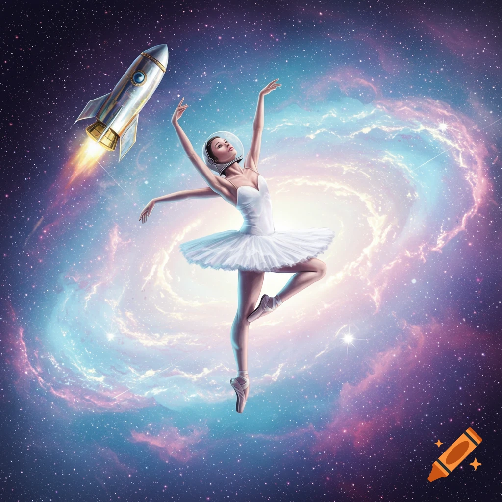 A ballerina astronaut dances in space near a rocket and a swirling galaxy.