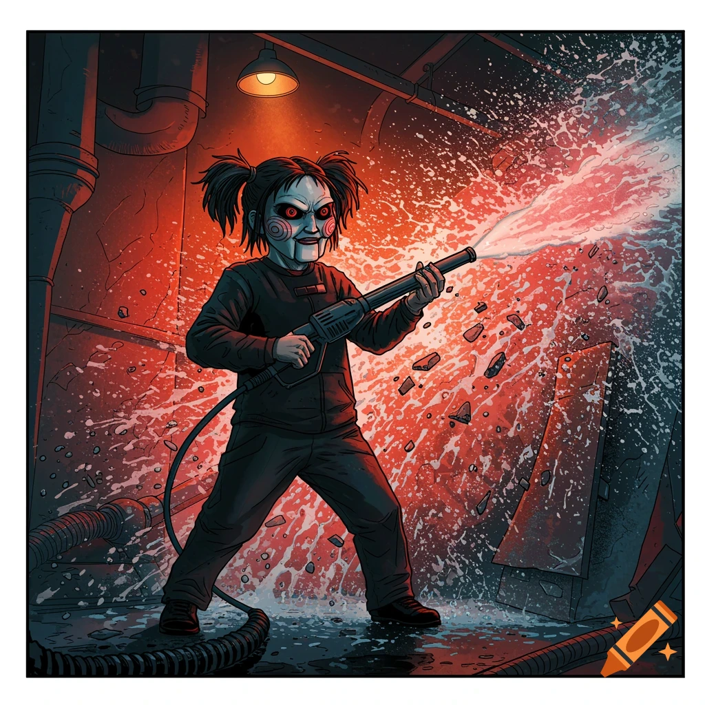 Stylized image of a creepy puppet character from Saw using a high-pressure washer in an industrial setting.