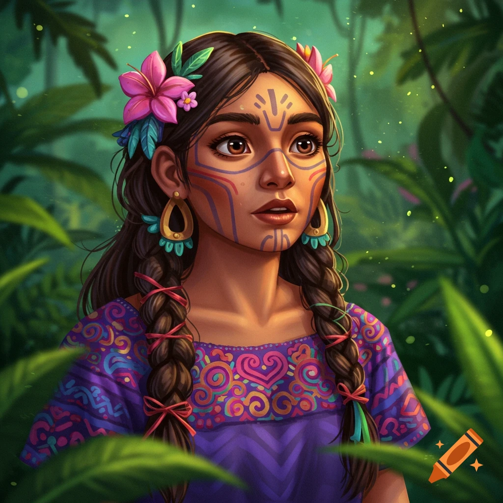 A young woman with tribal face paint, braided hair with flowers, and colorful clothing, is in a jungle.