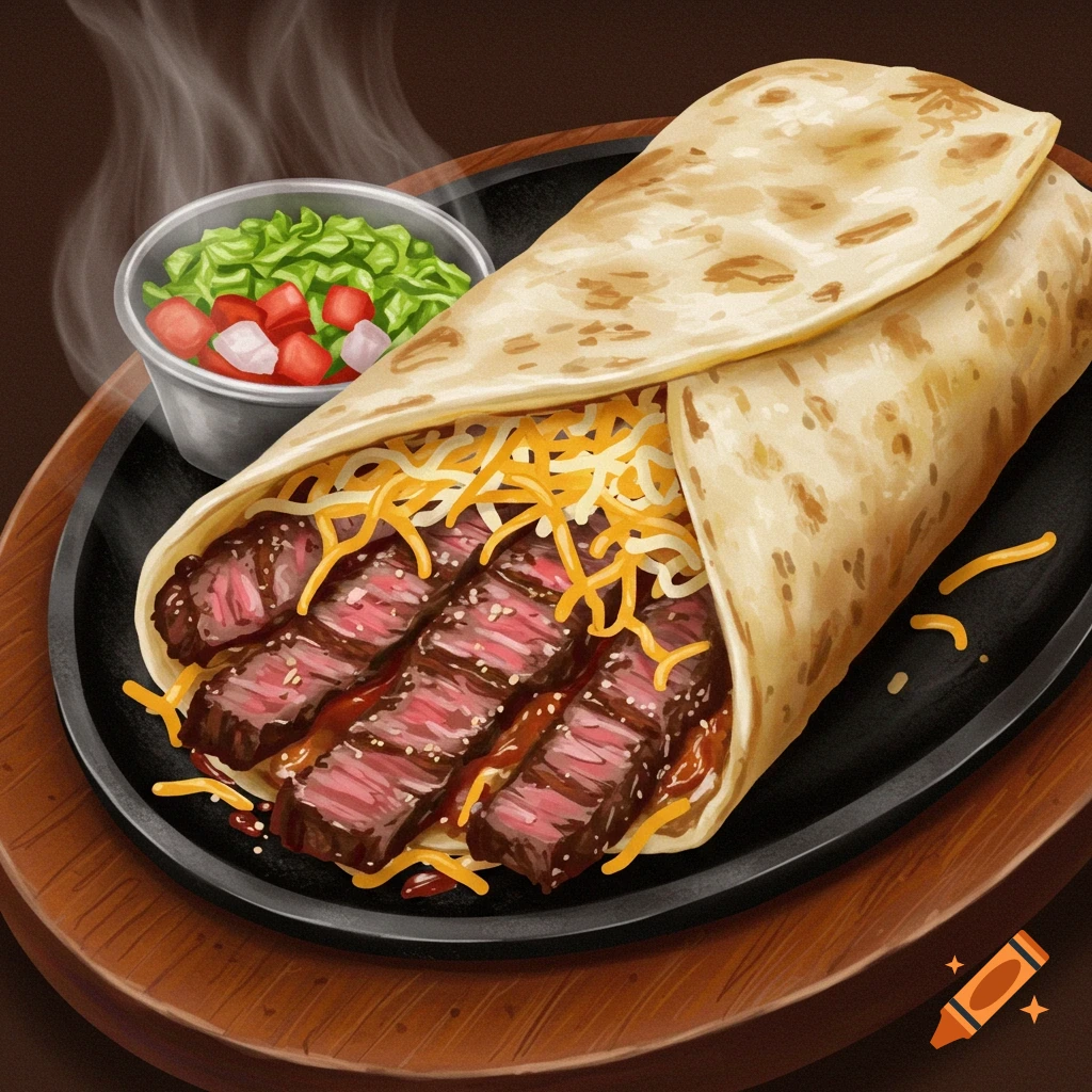 A steak burrito is served with guacamole and pico de gallo.