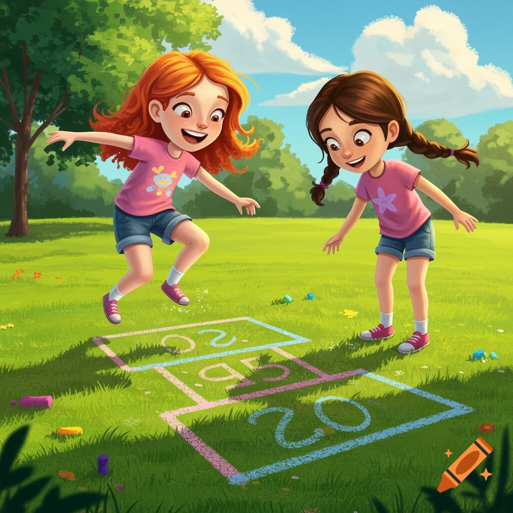 Cartoon illustration of two girls playing hopscotch in a sunny park.