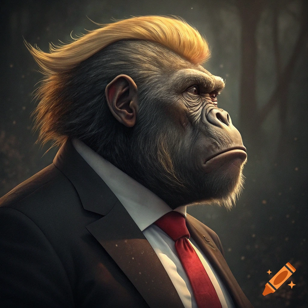Close-up portrait of an ape wearing a suit and tie, with prominent blonde hair.
