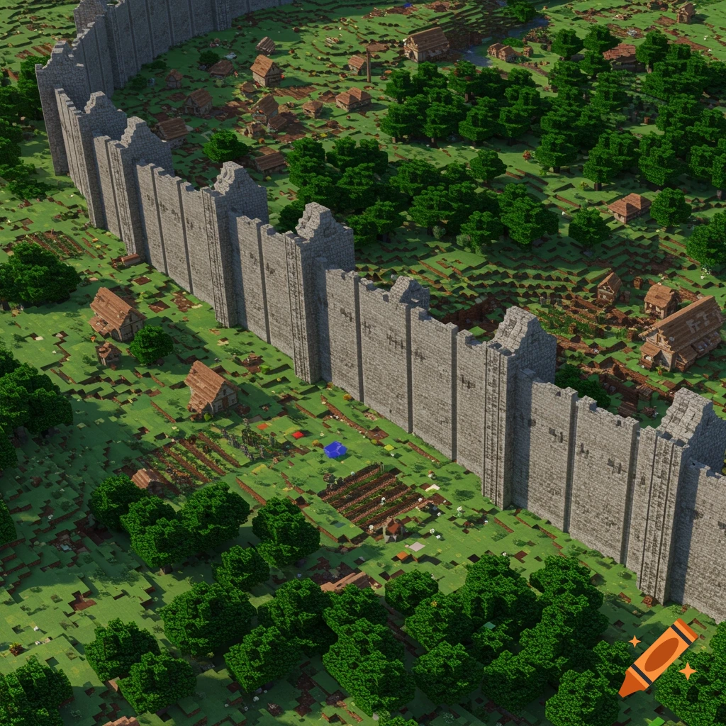 A vast stone wall from Attack on Titan built in Minecraft, surrounded by a village and forest.