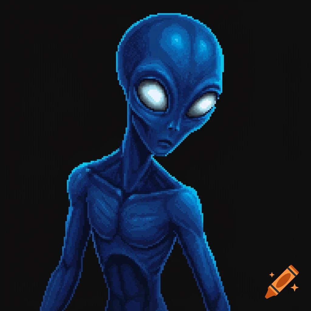 Pixel art illustration of a blue alien with large glowing eyes against a black background.