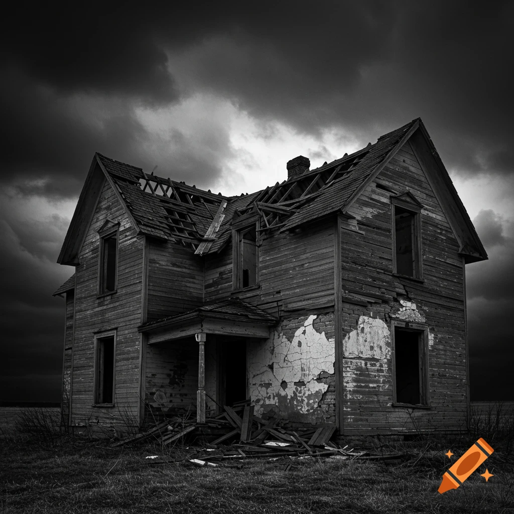 Black and white photo of an abandoned house with a damaged roof under a stormy sky.