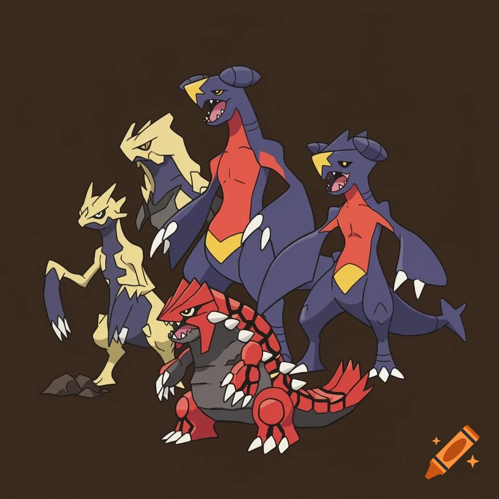 Stylized illustration of Groudon, Garchomp, and Landorus Pokemon characters on a brown background.