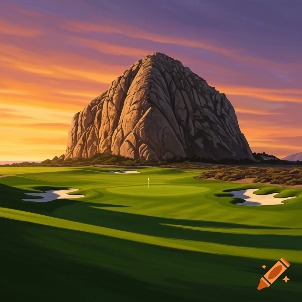 A golf course with sand traps and a flagstick, set against a large rock formation at sunset.