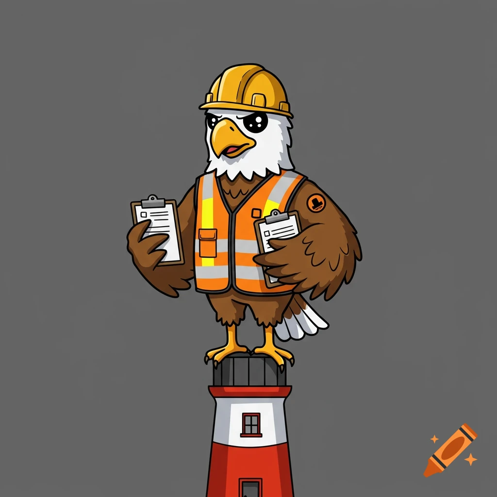 Cartoon eagle mascot in construction gear with clipboards standing on a lighthouse