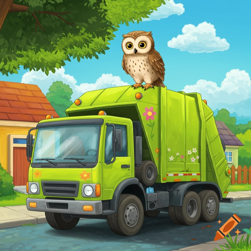 A cartoon owl perched on a green garbage truck on a street.