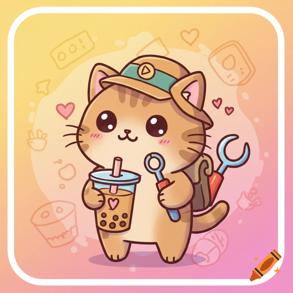 Cute cartoon cat wearing a hat, holding a boba drink and a tool, with background icons.