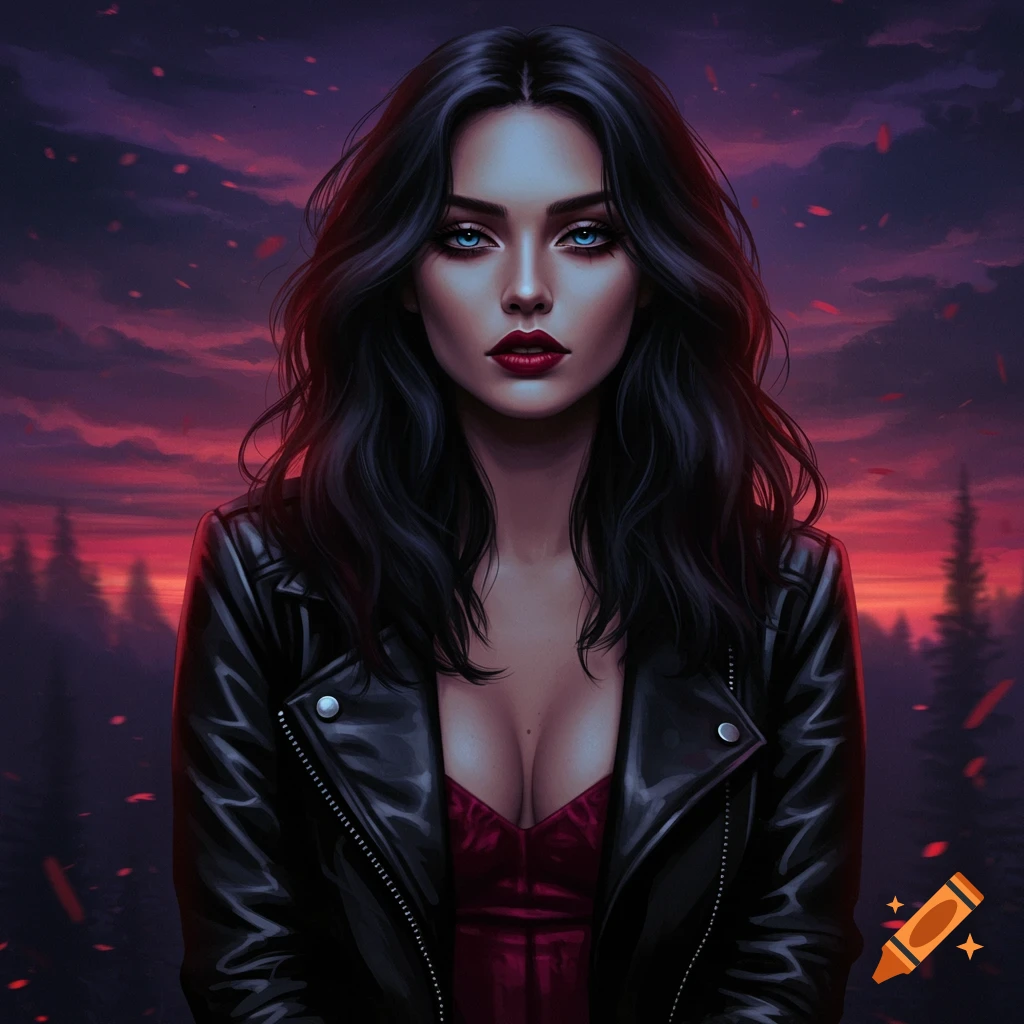 Portrait of a woman with dark hair and blue eyes wearing a leather jacket against a sunset forest.