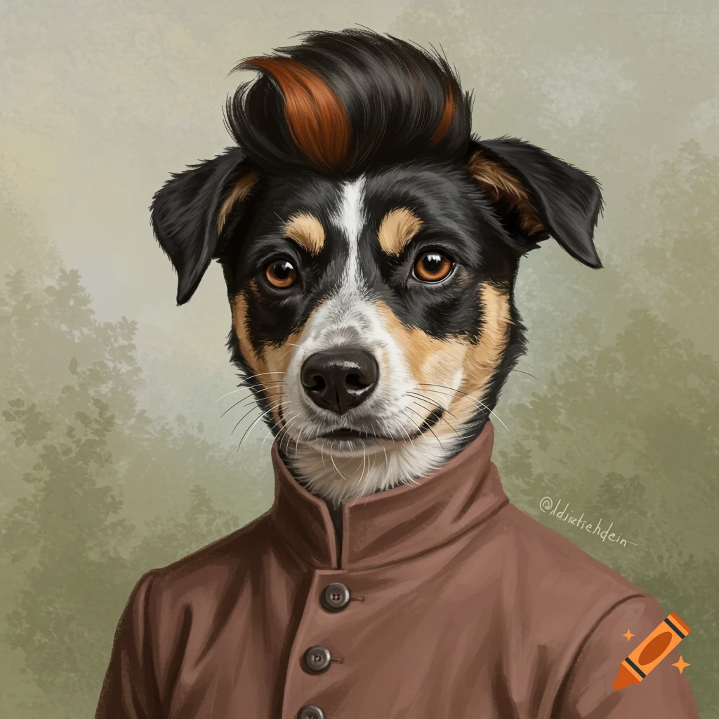 A dog with a human-like hairstyle is wearing a brown coat.