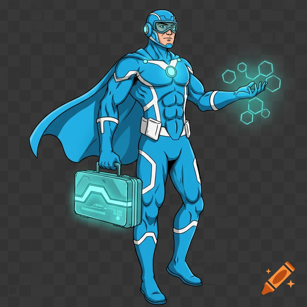 A blue superhero in a comic book style holding a futuristic briefcase and glowing geometric shapes.