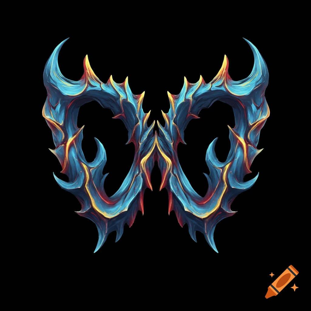 A symmetrical fantasy shape resembling blue and red horns on a black background.