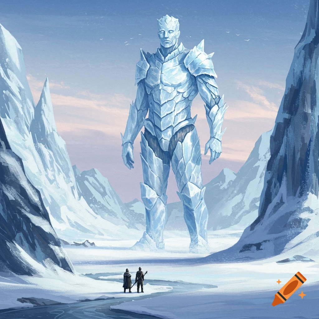 A giant humanoid made of ice armor stands in a snowy mountain landscape, with two small figures below.