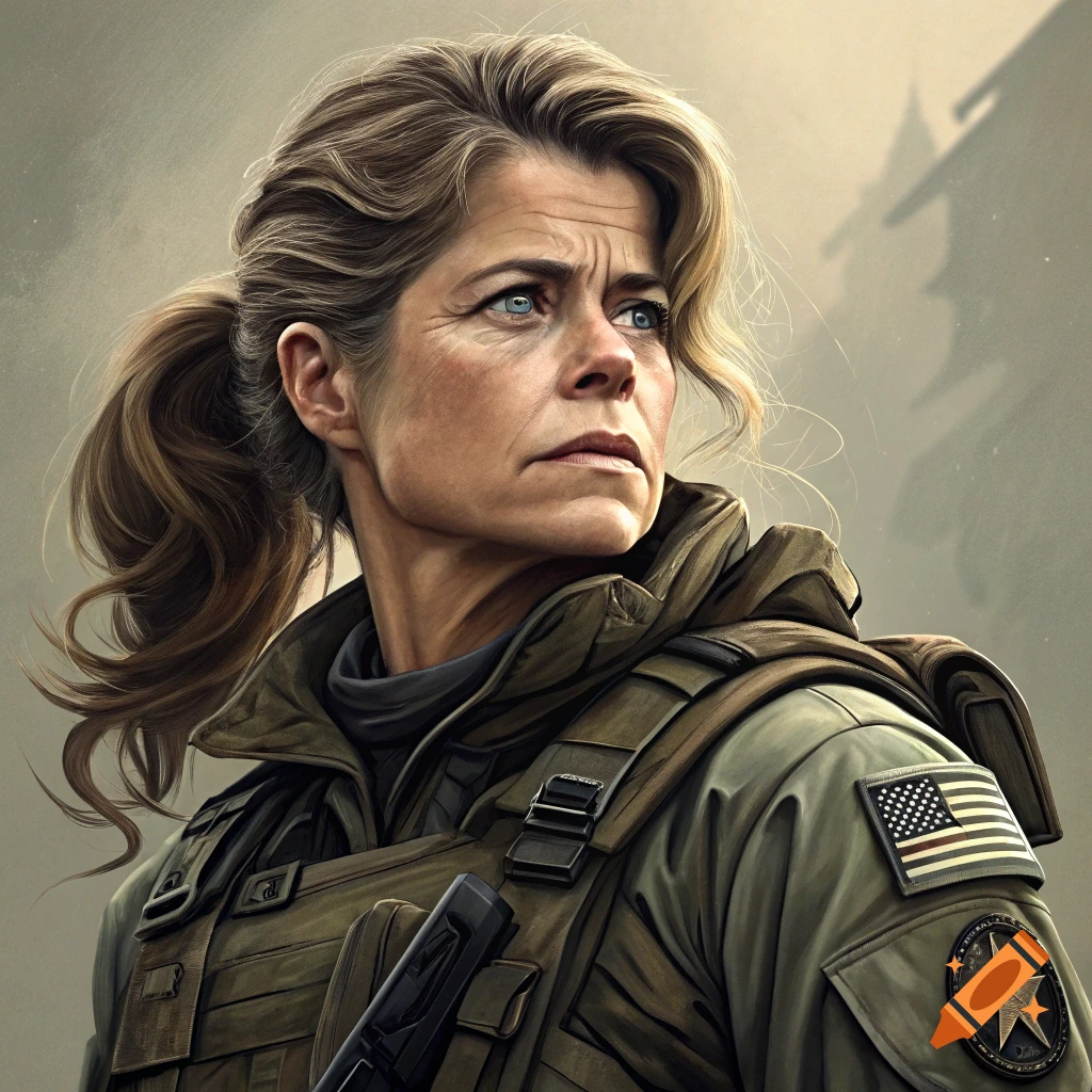 Portrait of a woman in military gear looking into the distance.