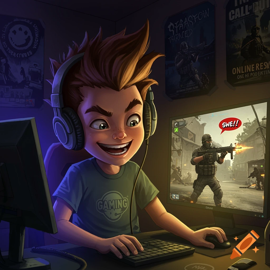 Cartoon illustration of a young boy playing a video game on a computer, wearing headphones.