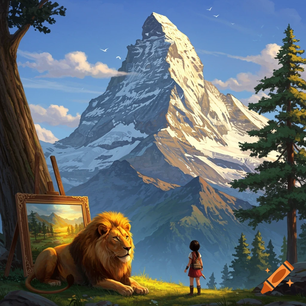 A girl and a lion looking at a mountain landscape with a painting.