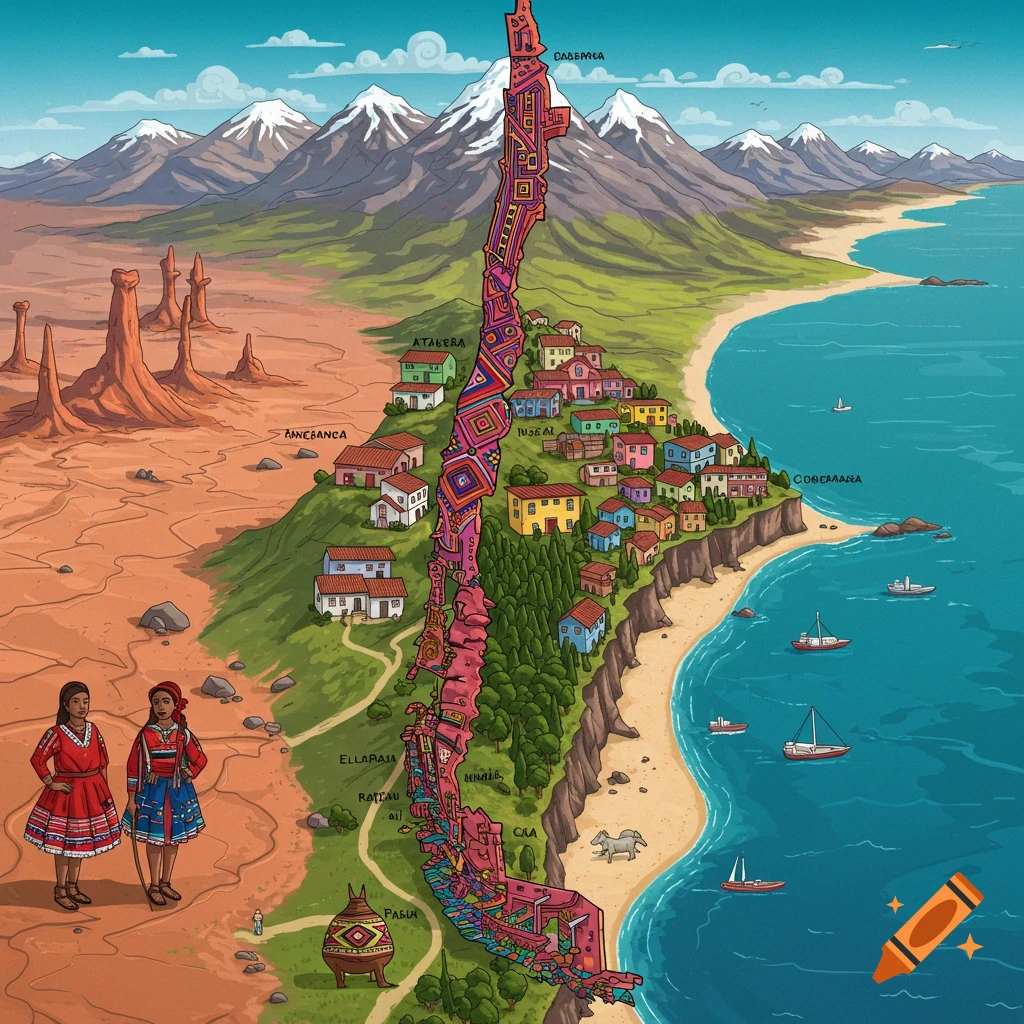 Colorful illustrated map of a coastal landscape meeting a desert, with mountains, buildings, ships, and two people in traditional dress.