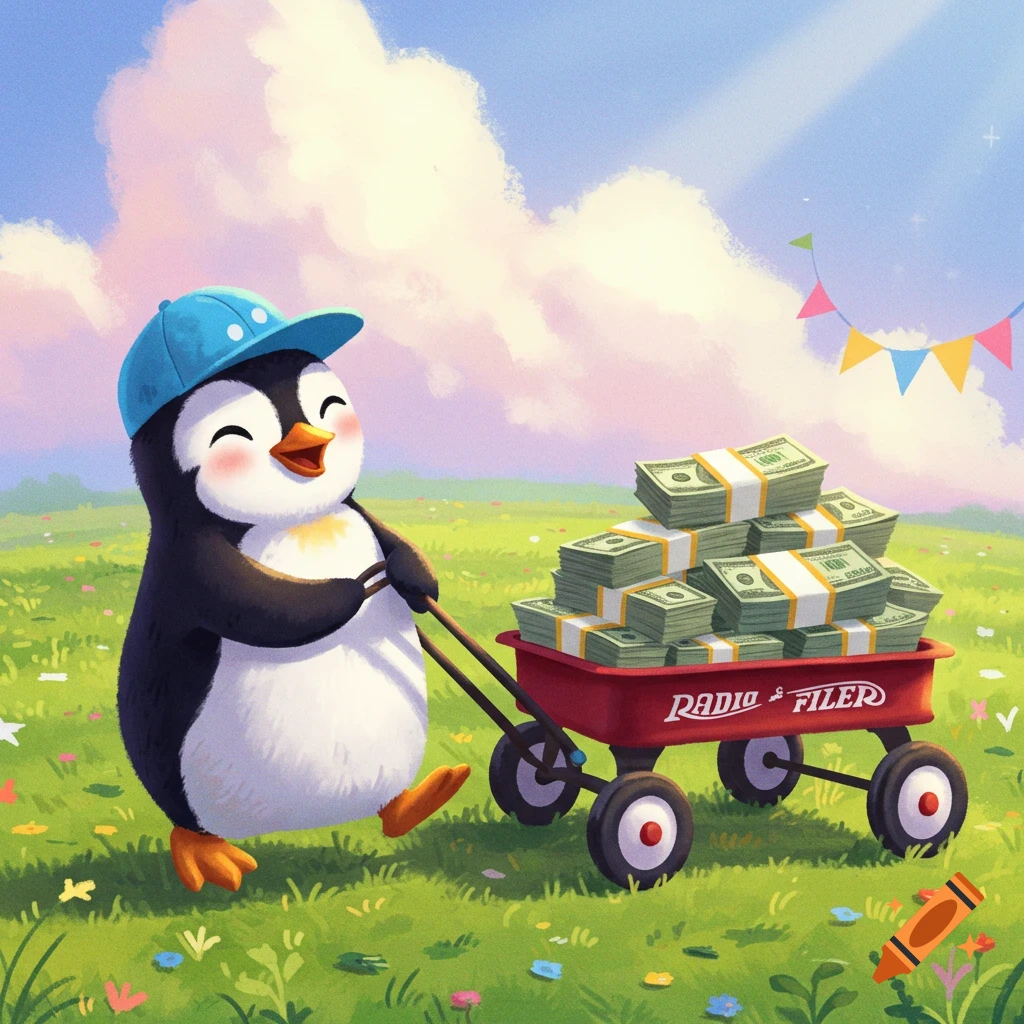 Cartoon penguin in blue cap pulls red wagon filled with money through a sunny field.