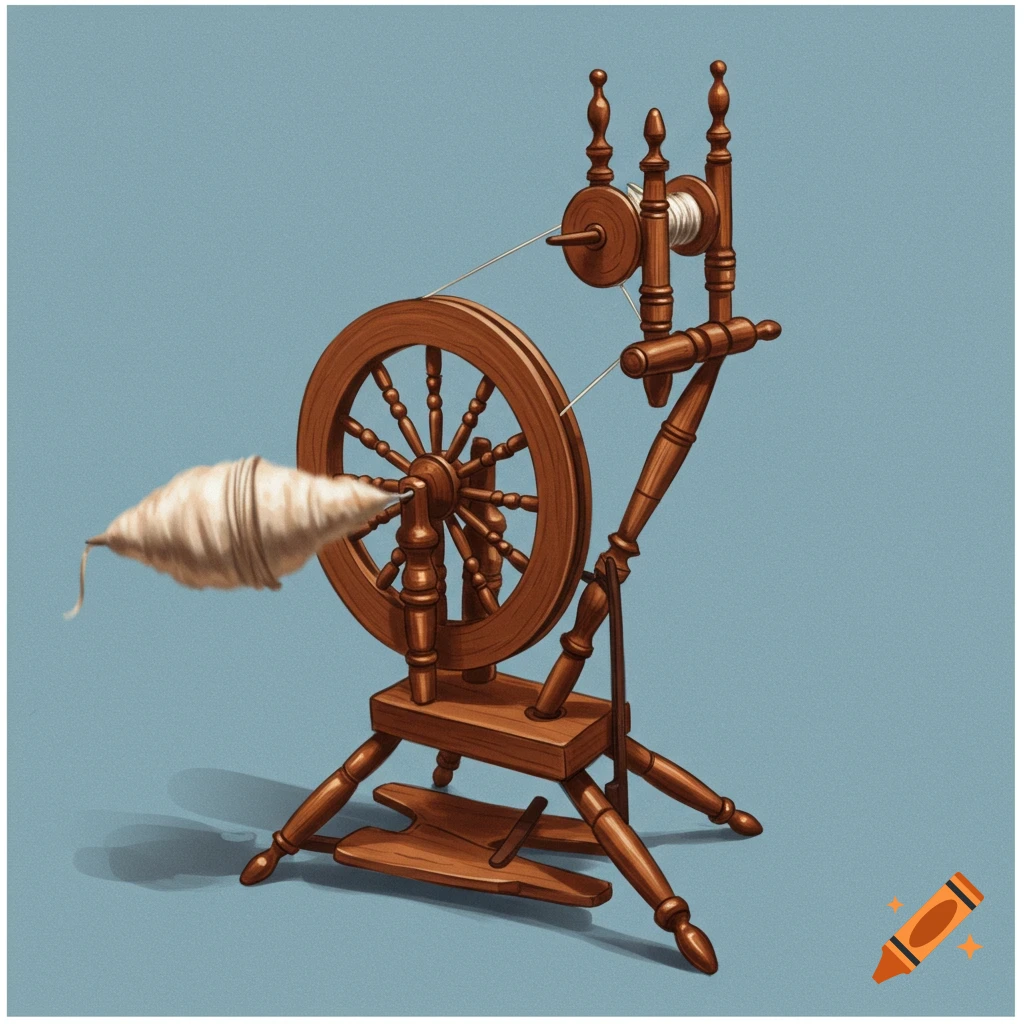 A wooden spinning wheel with yarn