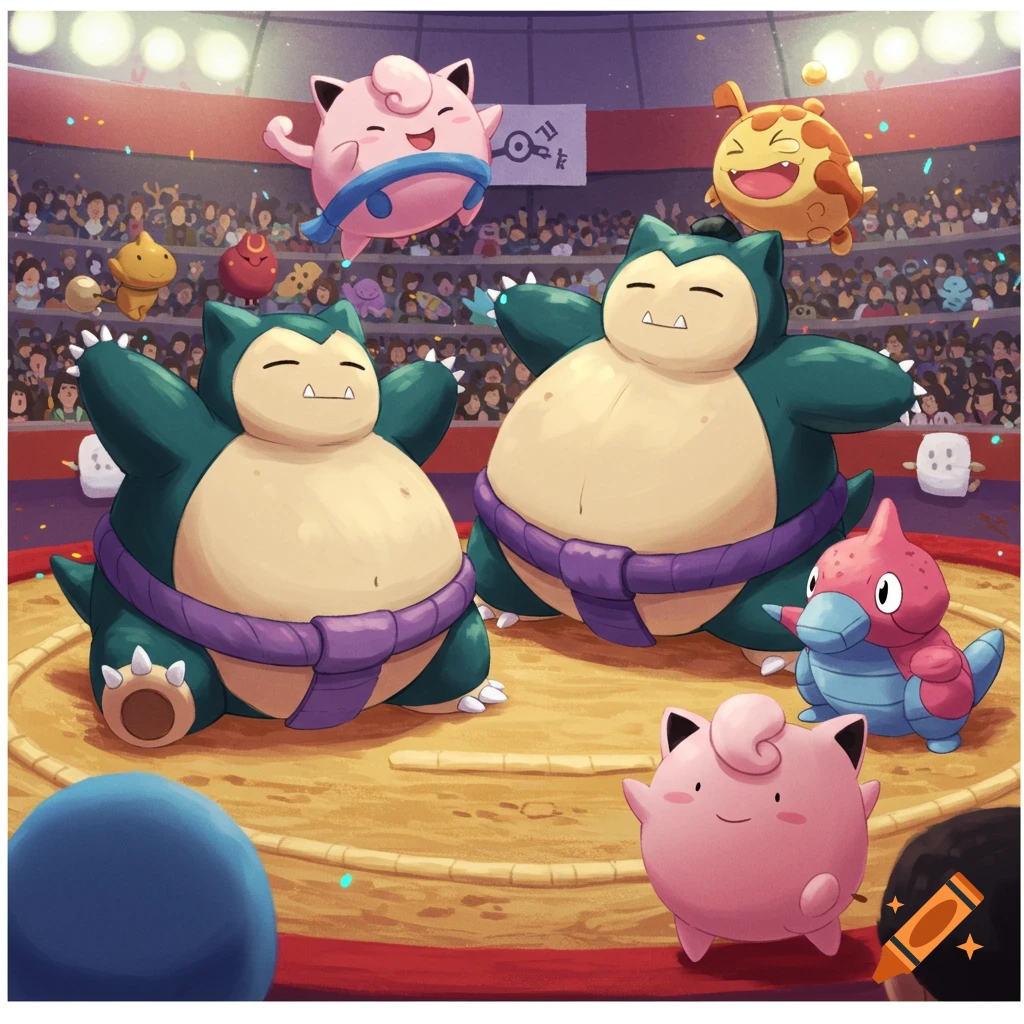 Digital illustration of several Pokémon sumo wrestling in a ring with an audience.