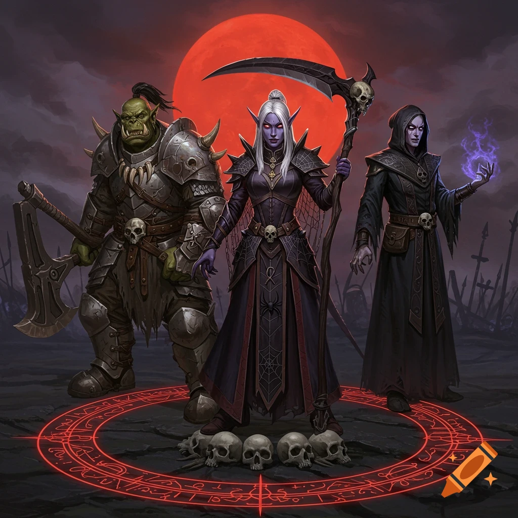 Fantasy characters: an armored orc, a dark elf with scythe, and a cloaked human in a magic circle.