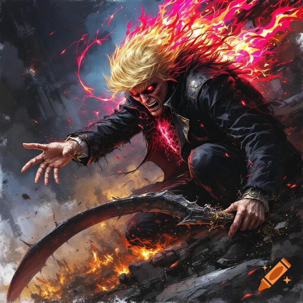 Dark fantasy illustration of a figure with flaming blonde hair and red eyes, crouching on rocks with fire, holding a large curved weapon.
