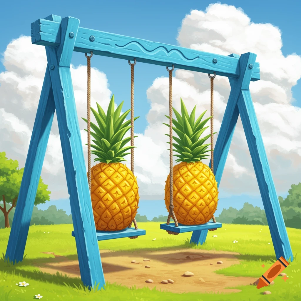 Two pineapples on a blue swing set in a grassy field