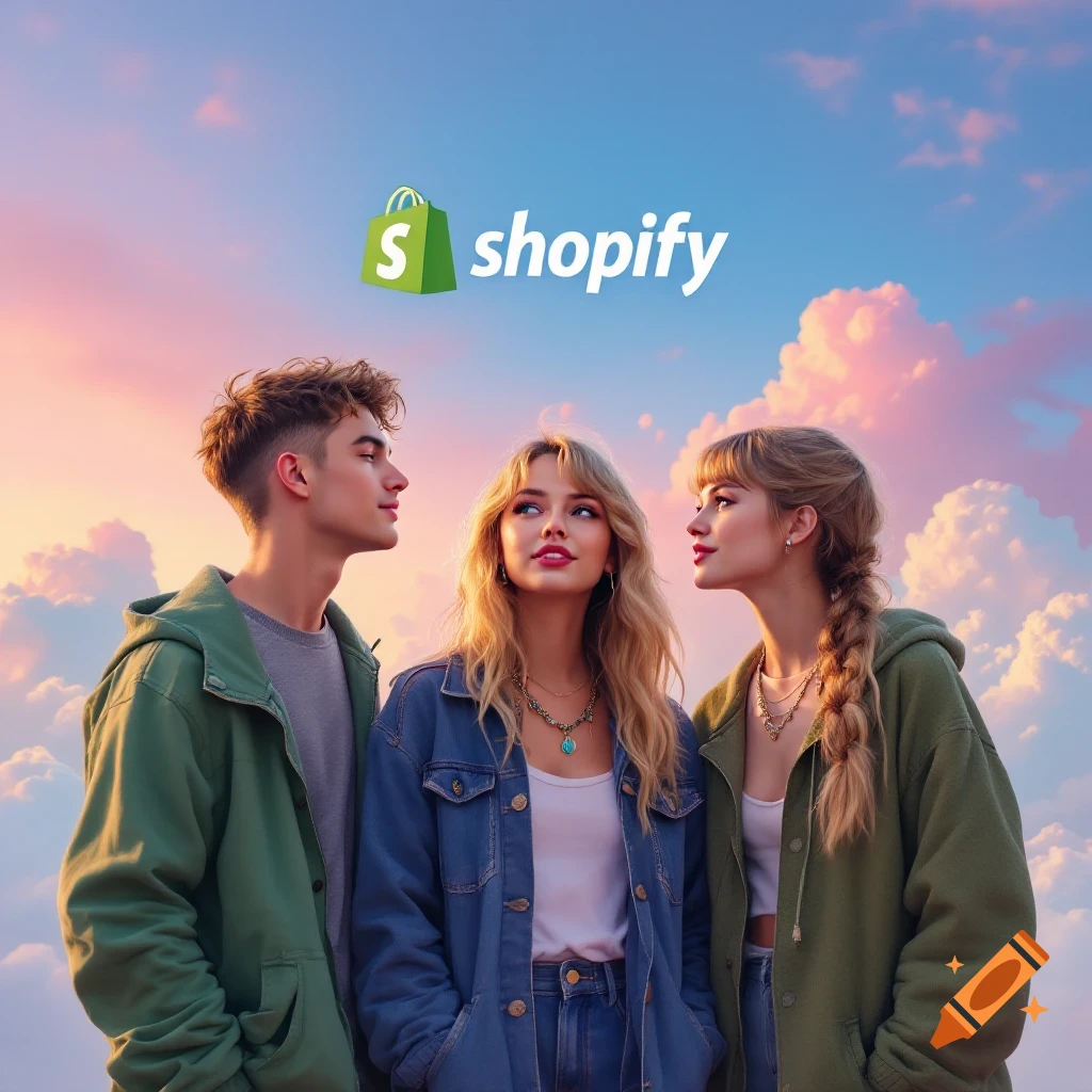 Three young people look up at a colorful sky with the Shopify logo.
