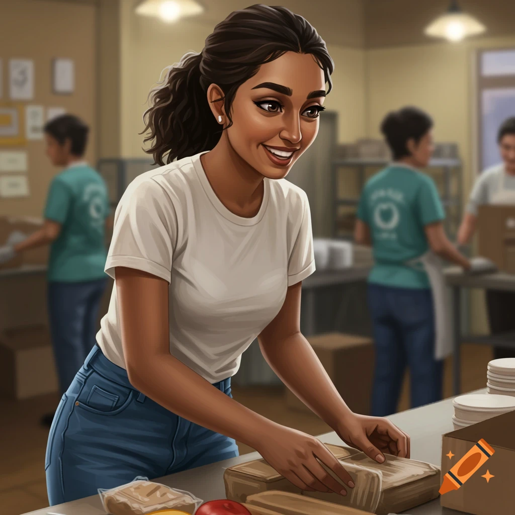 A young woman with dark hair volunteering at a soup kitchen, packing food with a smile.