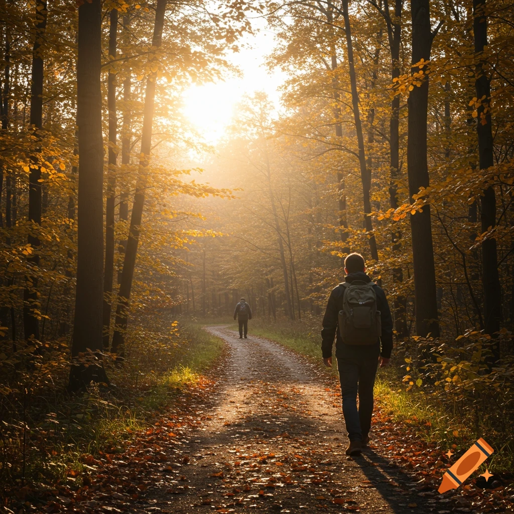 Two people hike on a leaf-strewn path through a sunny autumn forest.
