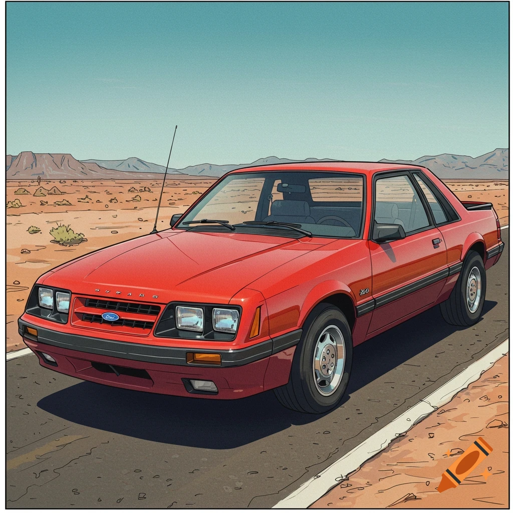 A red 1985 Ford Mustang in a desert setting.