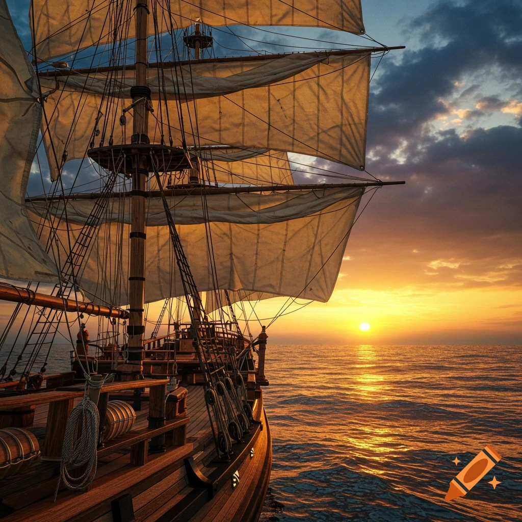 A brig sailboat on the ocean at sunset.