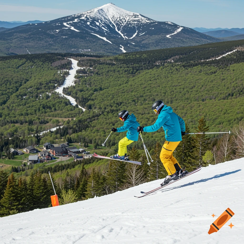 Father and son skiing down a mountain slope with trees and a snow-capped peak in the background.